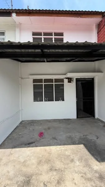 Exterior type: linked terrace house; features: white painted facade, metal roof, concrete flooring, front porch area, single door entrance, windows with grills, overhead awning, exposed concrete wall, surrounding wall, outdoor space; style: modern.