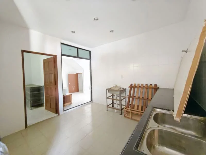 Kitchen features: white tiled walls, light beige tiled flooring, double-bowl stainless-steel sink, chrome faucet, kitchen countertop, wooden shelving unit, door leading to another room, large window for natural light, open layout, recessed ceiling lights; style: modern.