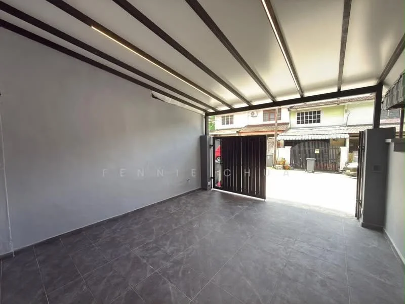 Exterior type: car porch; features: open car porch, grey tiled flooring, white painted walls, metal sliding gate, roof with exposed beams, natural light from open entrance; style: modern.