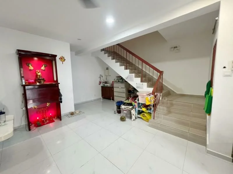 Living features: white painted walls, glossy ceramic tile flooring, staircase with wooden railing, decorative altar with red backdrop, small wooden cabinet, various household items on floor, ceiling fan, recessed lighting; style: modern.