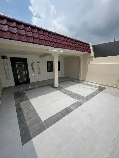 Exterior features: red pitched tile roof, cream painted walls, grey tiled flooring, decorative tile pattern on floor, covered porch area, two wall-mounted air conditioning units, outdoor lighting fixtures, sliding glass door, window grilles; style: modern.