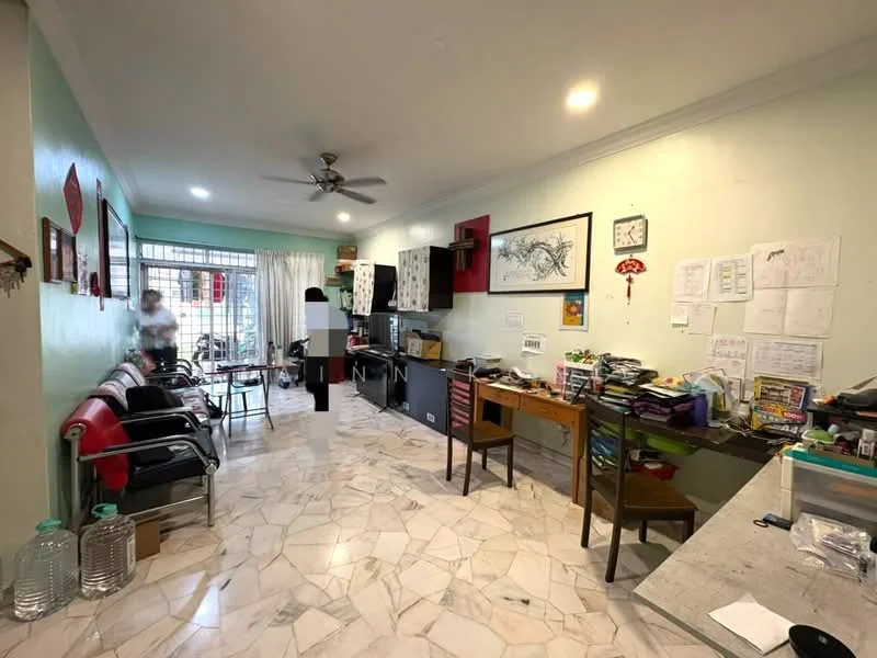 Room features: marble tile flooring, light green painted walls, ceiling fan, recessed downlights, window with sheer curtains, kitchen cabinets, kitchen countertop, dining table, multiple chairs, decorative wall art, cluttered workspace, open layout; style: modern.