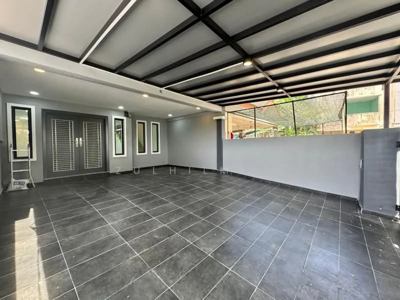 Room features: grey tiled flooring, exposed ceiling beams, recessed downlights, sliding glass door, large windows, grey painted walls, open layout, outdoor view; style: modern; view: garden.