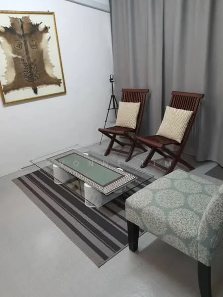 Living features: two wooden rocking chairs with cushions, glass coffee table with decorative elements, area rug with striped pattern, grey curtains, decorative wall art, light-colored flooring, accent chair with floral pattern; style: modern.