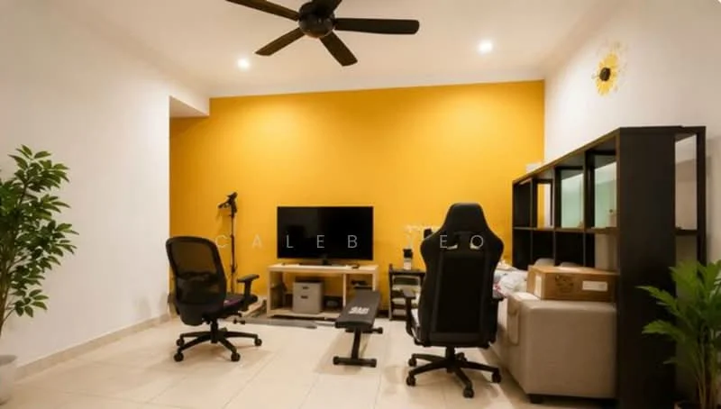 Living features: orange accent wall, white painted walls, ceiling fan, flat-screen TV, TV console, two office chairs, sofa, bookshelf, decorative plant, tile flooring, recessed lighting; style: modern.