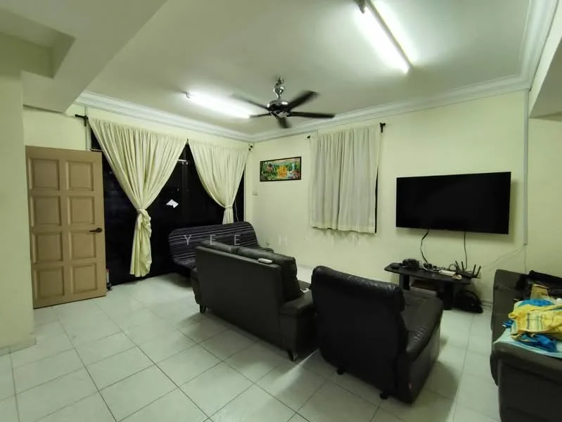 Living features: 2-seater leather sofa, 3-seater fabric sofa, wall-mounted TV, ceiling fan, recessed lighting, white painted walls, tiled flooring, curtains, coffee table, entertainment unit; style: modern.