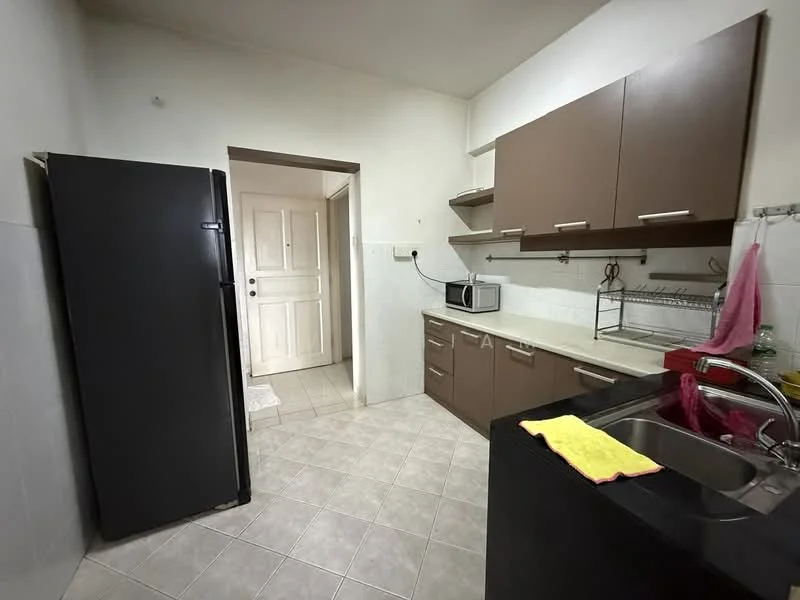 Kitchen features: black refrigerator, microwave, brown cabinetry, white countertop, stainless-steel sink, chrome faucet, open shelving, tile flooring, white walls, door to hallway; style: modern.