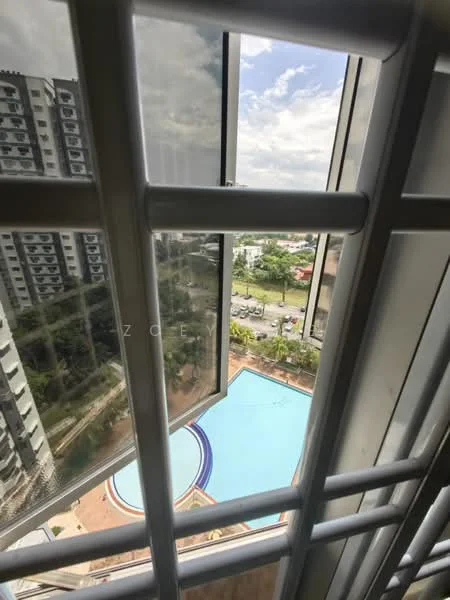 Room features: window with horizontal bars, view of swimming pool, view of surrounding buildings, view of landscaped area, partially open window, city skyline in background, natural light coming through window; view: pool.