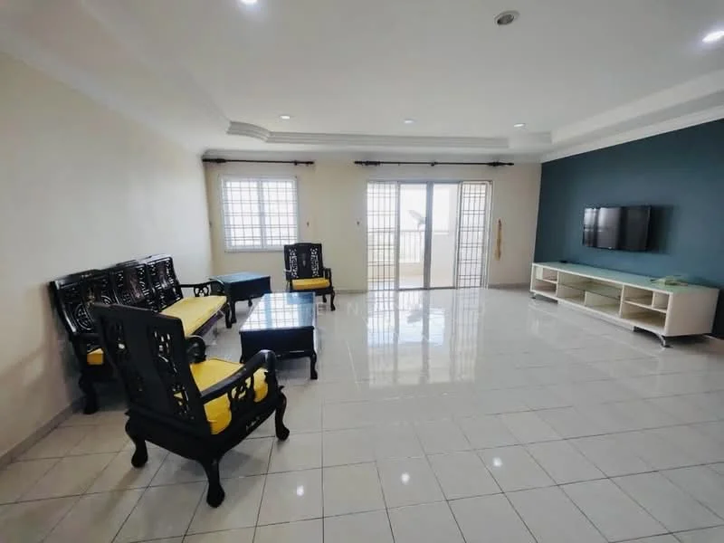 Living features: white painted walls, grey accent wall, glossy tile flooring, tray ceiling, floor-to-ceiling windows, sliding glass door, black wooden chairs with yellow cushions, black wooden coffee table, white TV console, wall-mounted TV; style: modern.