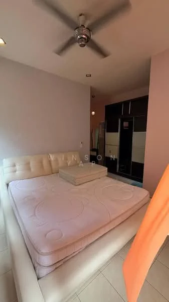 Bedroom features: queen-size bed base, mattress on bed base, ceiling fan, light fixture, built-in wardrobe, tile flooring, painted walls in light color, window with curtain, decorative wall feature, orange fabric drape; style: modern.