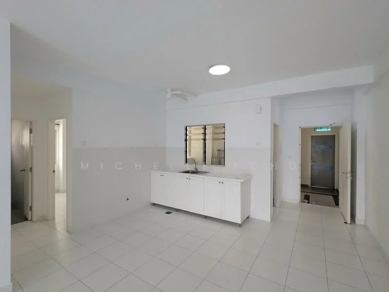 Kitchen features: white cabinetry, countertop, single-bowl stainless-steel sink, chrome pull-down faucet, tile flooring, recessed ceiling light, window, open layout; style: modern. Room features: white painted walls, tile flooring, doorway to hallway, doorway to bathroom.