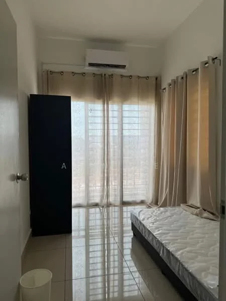 Bedroom features: white painted walls, glossy tile flooring, floor-to-ceiling windows, sheer curtains, black wardrobe, air conditioning unit, unmade bed with mattress, natural light; style: modern; view: city.
