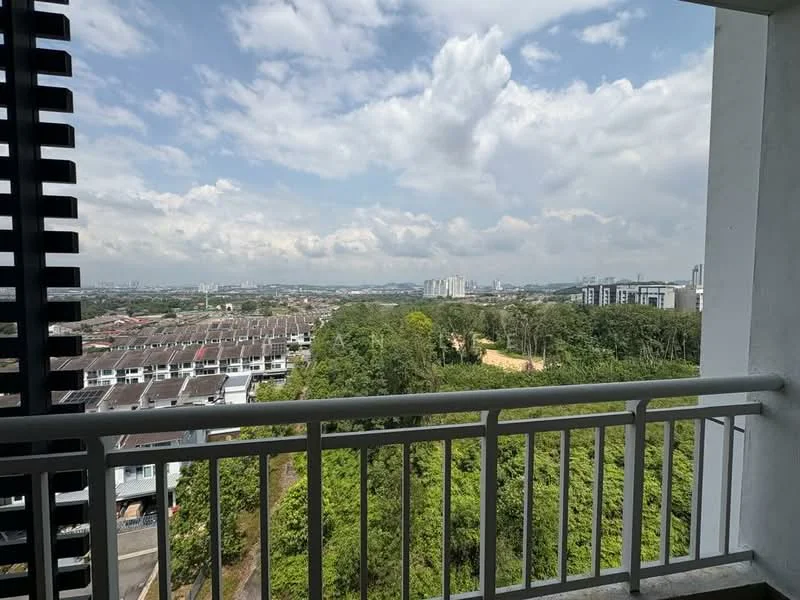 Balcony features: metal railing, concrete flooring, view of greenery, view of residential area, overcast sky, surrounding buildings visible; view: garden.