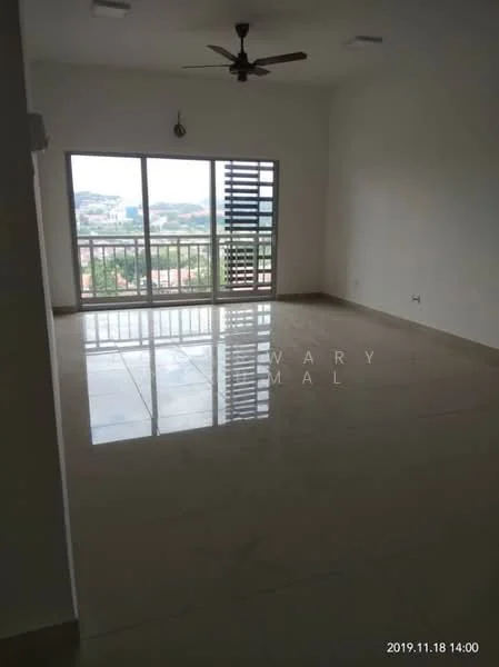 Living features: large floor-to-ceiling windows, sliding glass door, white painted walls, polished marble flooring, 5-blade ceiling fan, balcony view, natural light, neutral color palette; style: modern; view: city.