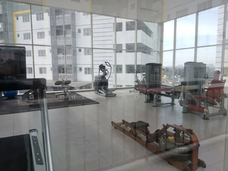 Gym features: exercise bikes, treadmill, weight bench, free weights, yoga ball, large windows, mirrored wall, rubber flooring, cardio machines, multi-gym equipment; style: modern; view: city.