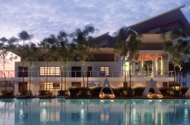 Exterior type: clubhouse; features: modern architectural design, large glass windows, outdoor terrace, surrounded by landscaped gardens, swimming pool in foreground, water features, outdoor seating areas, trees lining the property, ambient lighting, multiple levels, balconies, pool deck with loungers; style: modern.