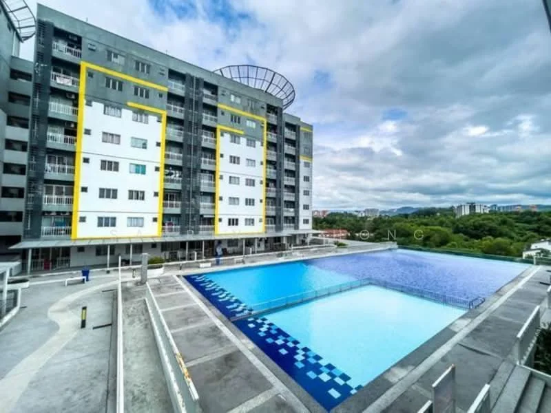 Exterior type: mid-rise condominium; features: glass curtain wall, white painted facade, recessed balconies, infinity pool, pool deck with loungers, surrounded by greenery, concrete walkway, landscaped garden; style: modern.