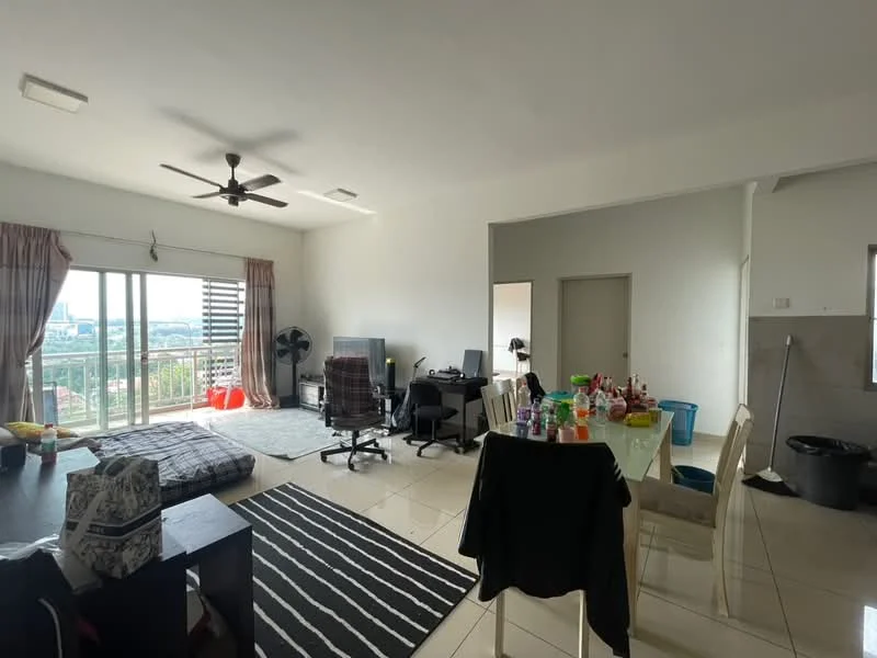 Living features: 5-blade ceiling fan, floor-to-ceiling windows, sliding glass door, grey area rug, black and white striped area rug, sofa with cushions, coffee table, TV console, wall-mounted TV, decorative plants, dining table with chairs, office chair, computer desk, open layout, tiles flooring; style: modern; view: city. Room features: plastic storage bins, kitchen utensils, cleaning supplies, empty wall space, doorway to another room.