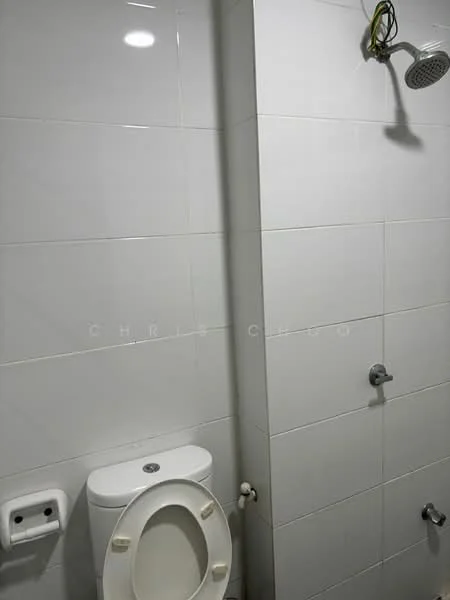 Bathroom features: white tiled walls, white tiled flooring, one-piece toilet, shower with wall-mounted shower head, chrome faucet, toilet paper holder, soap dish, exposed plumbing; style: modern.