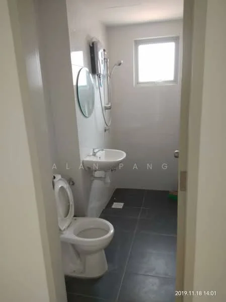 Bathroom features: white walls, grey tile flooring, single-sink vanity with round mirror, toilet, shower with handheld showerhead, window, wall-mounted faucet, glass shower enclosure; style: modern.