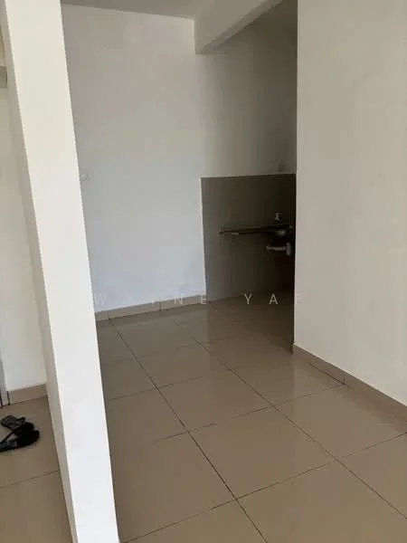 Room features: white painted walls, beige tiled flooring, single sink, wall-mounted faucet, countertop, open space layout.