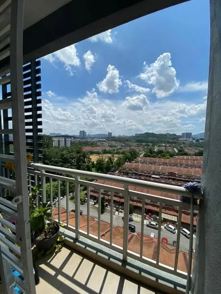Room features: balcony, city view, metal railing, potted plants, sliding glass door, floor-to-ceiling windows, sunlight, cloudy sky; style: modern; view: city.