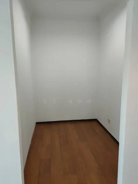 Room features: white painted walls, wooden flooring, no visible windows, no visible furniture, empty space; style: minimalist.