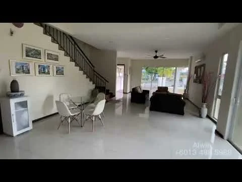 Living features: white painted walls, polished marble flooring, 5-blade ceiling fan, large glass sliding doors, floor-to-ceiling windows, black leather sofa, glass coffee table, dining table with white chairs, decorative wall art, staircase with wooden railing; style: modern; view: garden.