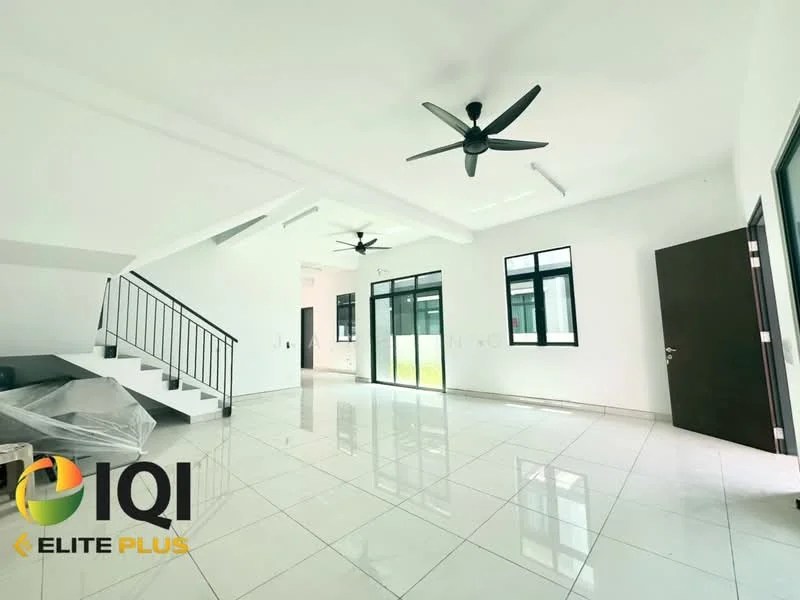 Living features: white painted walls, polished ceramic tile flooring, 5-blade ceiling fan, large glass sliding doors, black framed windows, staircase with metal railing, recessed lighting, open layout; style: modern.