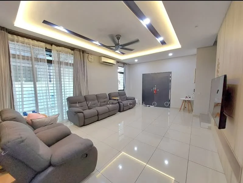 Living features: grey leather reclining sofa, 3-seater sofa, 2-seater sofa, ceiling fan with light, recessed LED downlights, wall-mounted TV, white tiled flooring, large windows with sheer curtains, air conditioning unit, decorative wall paneling, feature wall with dark paint, lighted ceiling cove; style: modern.