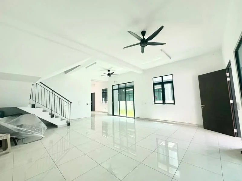 Living features: white painted walls, polished ceramic tile flooring, 5-blade ceiling fan with light, floor-to-ceiling windows, sliding glass door, open layout, staircase with metal railing, natural light from windows; style: modern; view: garden.