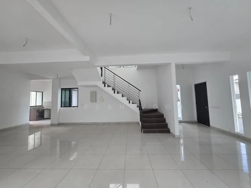 Room features: white painted walls, polished ceramic tile flooring, staircase with metal railing, large windows, open layout, high ceiling, multiple ceiling lights, doorway leading to another room; style: modern.
