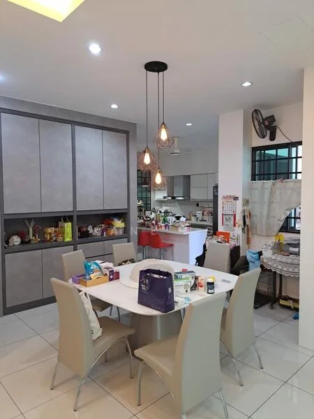 Dining features: round dining table, upholstered dining chairs, pendant lighting with multiple bulbs, white tiled flooring, grey cabinetry, open shelving, kitchen area visible in background, wall-mounted fan, decorative items on shelves, various kitchen appliances visible; style: modern.