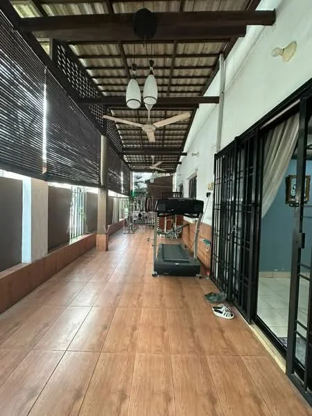 Room features: wooden ceiling with exposed beams, ceramic tile flooring, sliding glass door, black metal security grille, outdoor ceiling fan, retractable window shades, exercise treadmill, decorative wall, potted plants; style: modern; view: garden.