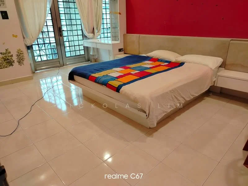 Bedroom features: queen-size bed, upholstered headboard, colorful bedspread, white bedding, white bedside table, tiled flooring, red accent wall, floor-to-ceiling windows, sheer curtains, wall-mounted decor, decorative wall decals; style: modern; view: garden.