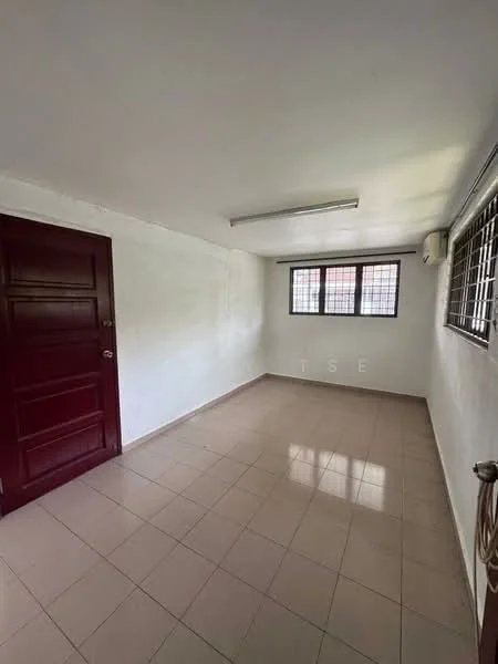 Room features: white painted walls, tile flooring, 1 ceiling light fixture, 1 wall-mounted split AC, 2 windows with metal grilles, brown wooden door, neutral color scheme; style: minimalist.
