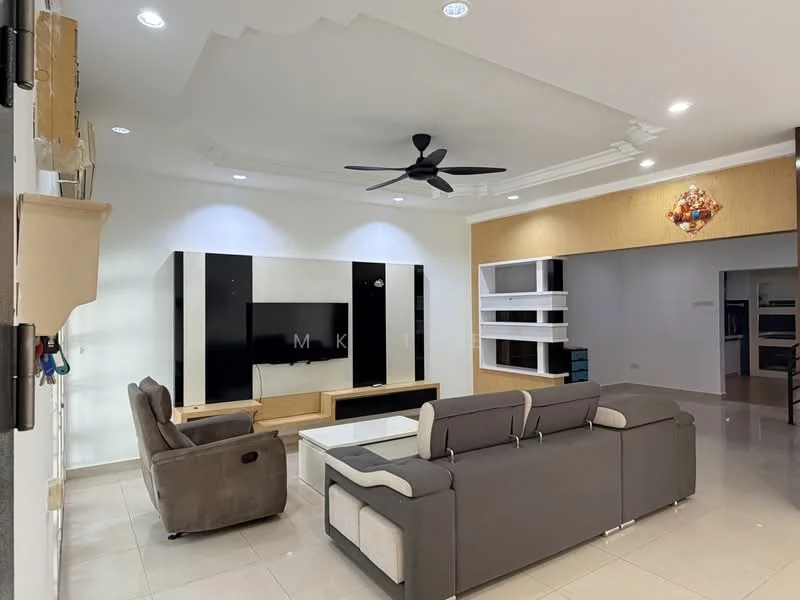 Living features: 3-seater fabric sofa in grey, 2-seater fabric sofa in brown, glass coffee table, wall-mounted TV unit with black and wood finish, ceiling fan with 5 blades, recessed downlights, decorative chandelier, cream painted walls, glossy tile flooring; style: modern.