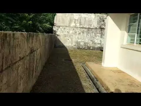 Exterior features: exposed concrete wall, gravel ground, surrounding greenery, sunlight casting shadows, adjacent wall, side pathway.