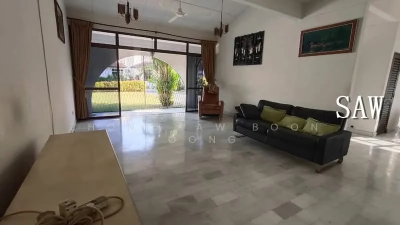 Living features: marble flooring, white painted walls, ceiling fan, large sliding glass door, floor-to-ceiling windows, curtains, sofa in dark color, armchair, coffee table, decorative wall art; style: modern; view: garden.