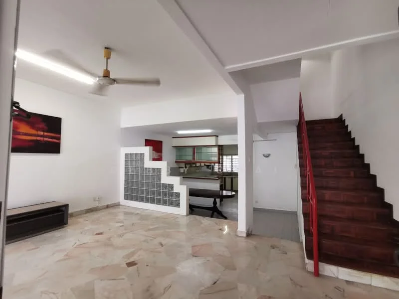 Living features: marble tile flooring, 5-blade ceiling fan, wall-mounted TV, large glass block partition, red staircase, white painted walls, recessed lighting, open layout to dining area, large window for natural light; style: modern. Room features: wooden staircase, white walls, open space, natural light from windows.