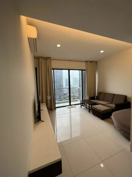 Living features: floor-to-ceiling windows, sliding glass door, beige fabric sofa, wooden coffee table, TV console, wall-mounted TV, white painted walls, glossy tile flooring, recessed downlights, curtains, wall-mounted split AC; style: modern; view: city.