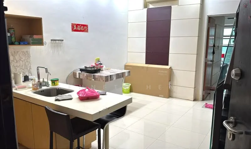 Kitchen features: single-bowl stainless-steel sink, chrome pull-down faucet, white countertop, wood cabinetry, marble backsplash, built-in stove, tile flooring, recessed lighting, open shelving, kitchen island with seating, decorative wall art, box of items on floor; style: modern.