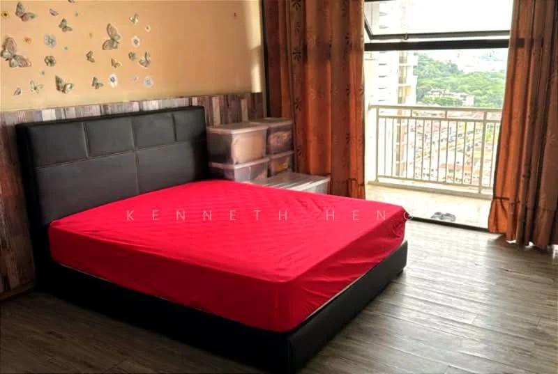 Bedroom features: king-size bed with black upholstered headboard, red mattress cover, wooden flooring, floor-to-ceiling window, curtains in orange, decorative wall with butterfly motifs, built-in wardrobe, view of greenery; style: modern; view: garden.