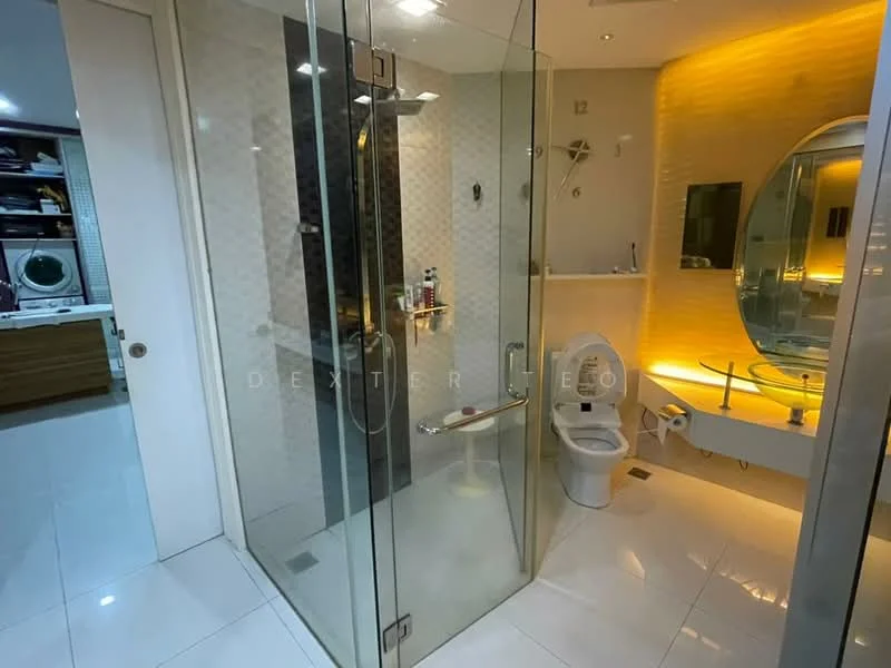 Bathroom features: walk-in shower with glass enclosure, rain shower head, handheld shower, single-sink vanity with wall-mounted cabinet, mirror with backlighting, one-piece toilet, white tiled walls, white floor tiles, recessed downlights, wall-mounted faucet; style: modern.