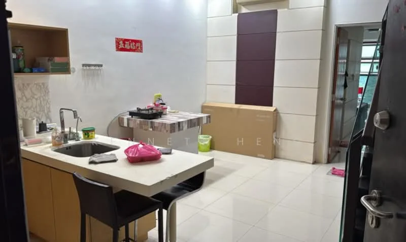 Kitchen features: single-bowl stainless-steel sink, chrome pull-down faucet, white laminate countertop, wood cabinetry, ceramic tile flooring, wall-mounted shelves, decorative wall paneling, open layout, box of items on floor, green plastic bin, pink item on countertop, white walls; style: modern.