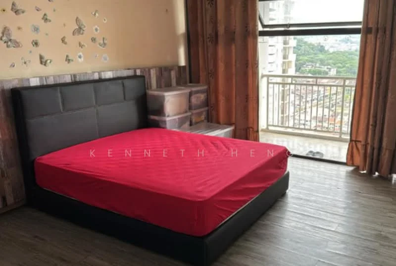 Bedroom features: king-size bed with black upholstered headboard, red mattress, wooden flooring, floor-to-ceiling window, curtains in brown, decorative wall with butterfly motifs, built-in wardrobe, city view from window; style: modern; view: city.
