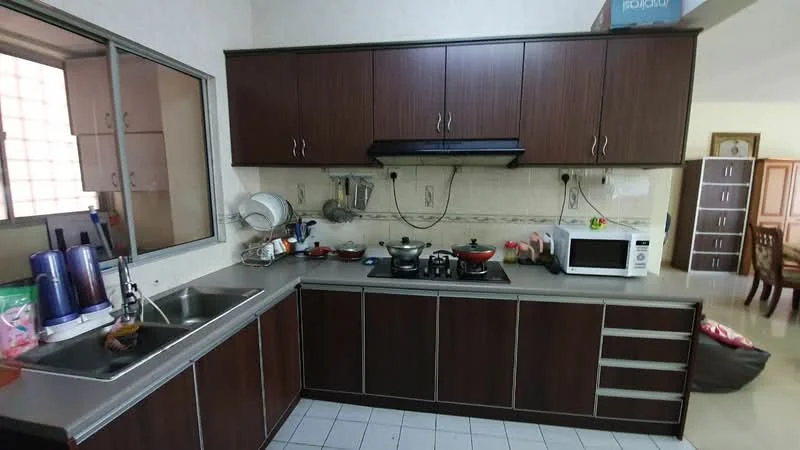 Kitchen features: brown wooden cabinetry, grey countertop, double-bowl stainless-steel sink, chrome pull-down faucet, built-in gas stove with 4 burners, black range hood, microwave, ceramic tile flooring, wall-mounted shelves, white tiled backsplash, kitchen utensils and cookware visible; style: modern.