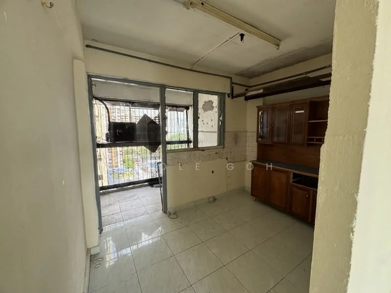 Kitchen features: white painted walls, glazed ceramic tile flooring, wood cabinetry, sink, window with metal grille, countertop, open layout, natural light from window. Room features: white painted walls, glazed ceramic tile flooring, window with metal grille, natural light from window.