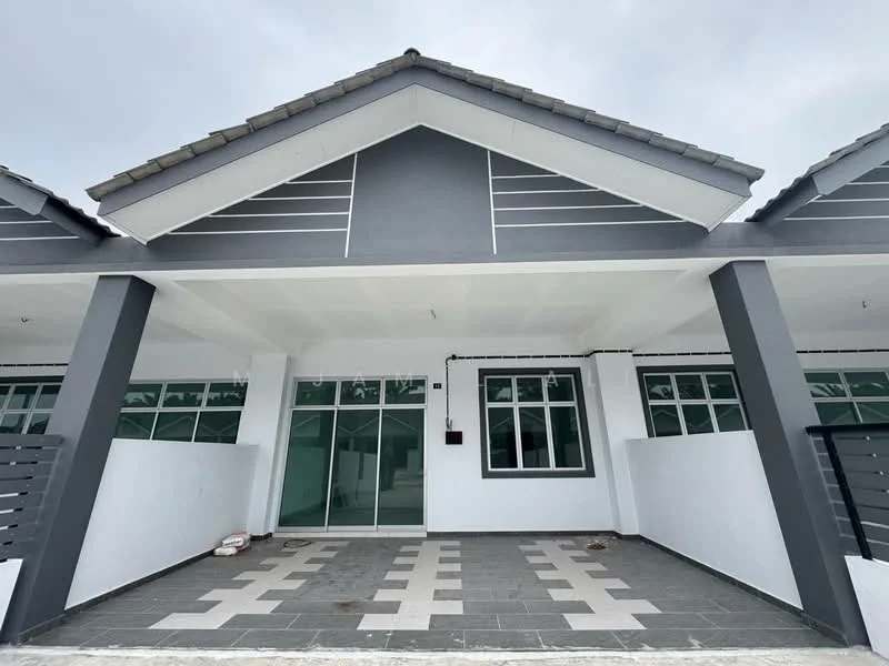Exterior type: linked terrace house; features: grey painted facade, flat roof with tiles, recessed balconies, large windows, paved walkway, manicured lawn, two-tone exterior paint, front porch area; style: modern.
