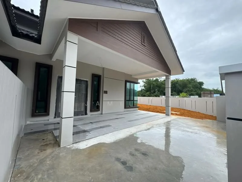 Exterior features: flat roof, white painted facade, large glass windows, covered porch area, concrete flooring, manicured landscaping, surrounded by fencing, gravel landscaping, exposed concrete, modern architectural design; style: modern.